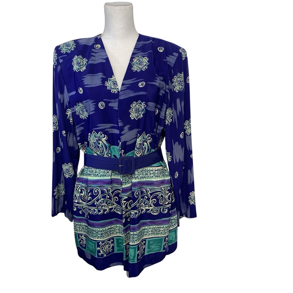 Vintage Blue Abstract Geometric Open Front Tunic Jacket Belted Artsy Sz 16 USA